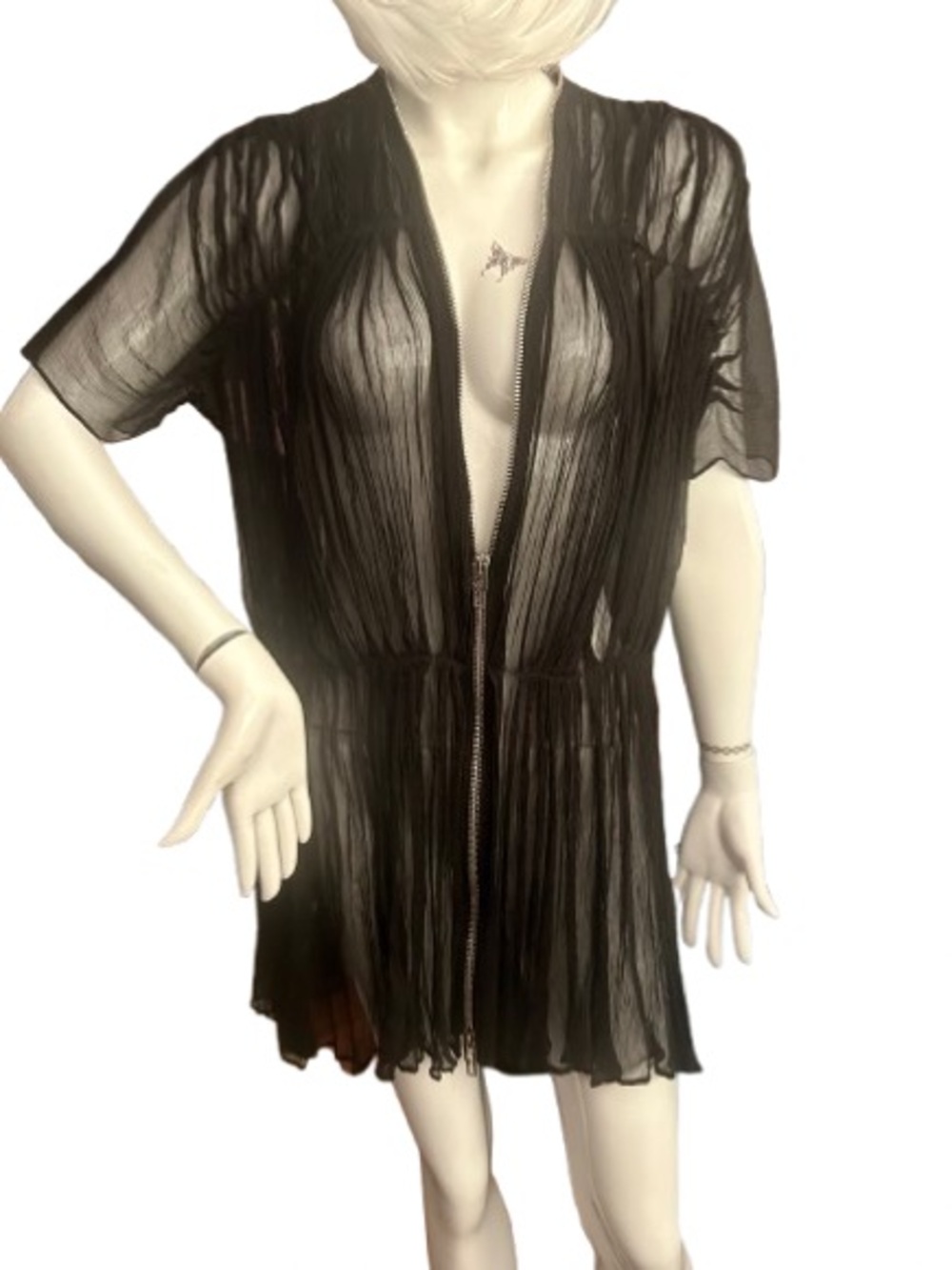Alexander McQueen MCQ Sheer Pleated Zip Front Dress Tunic Black Layered Size 38